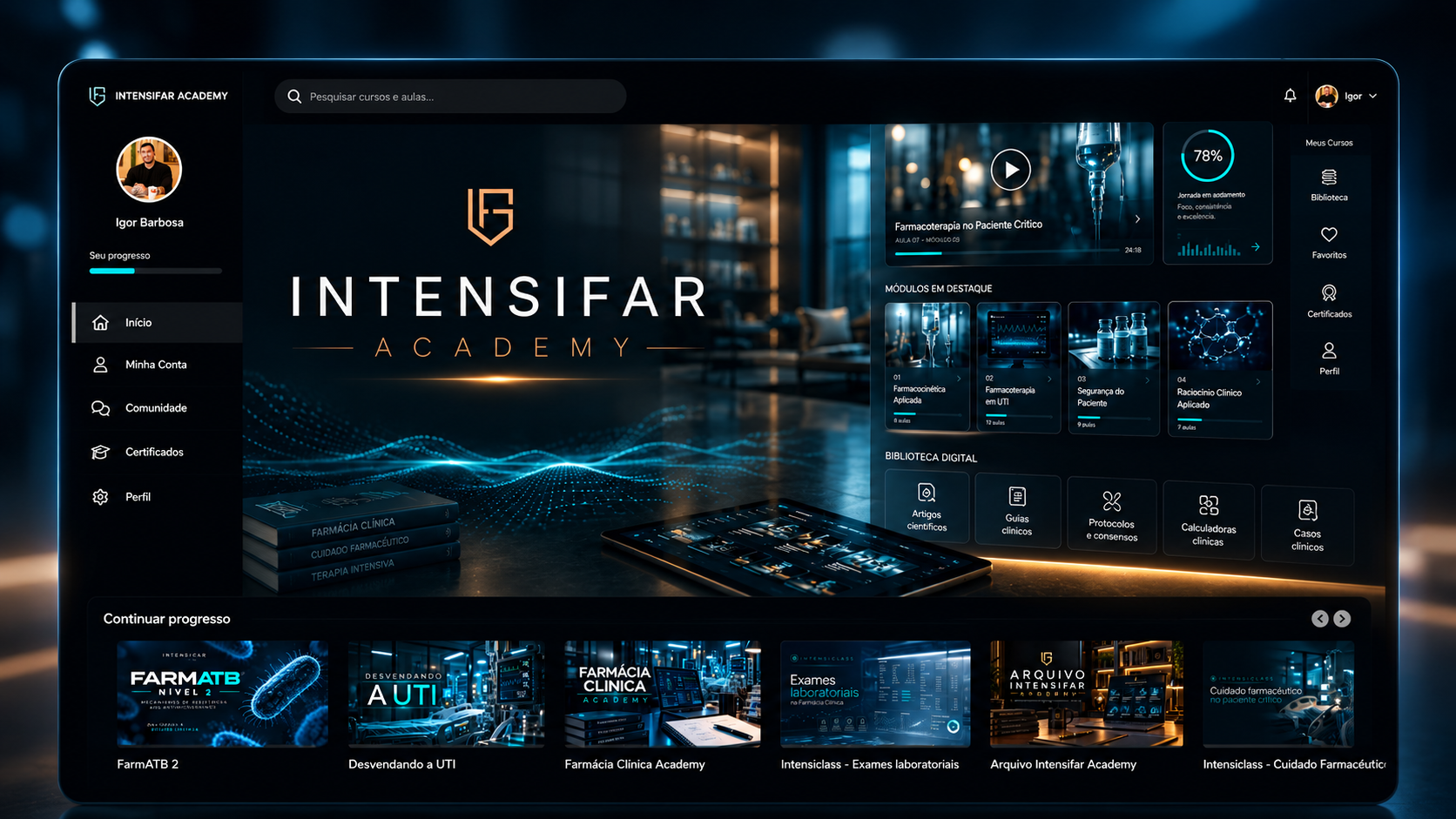 Apresentação visual da plataforma Intensifar Academy, com cursos, módulos e biblioteca digital